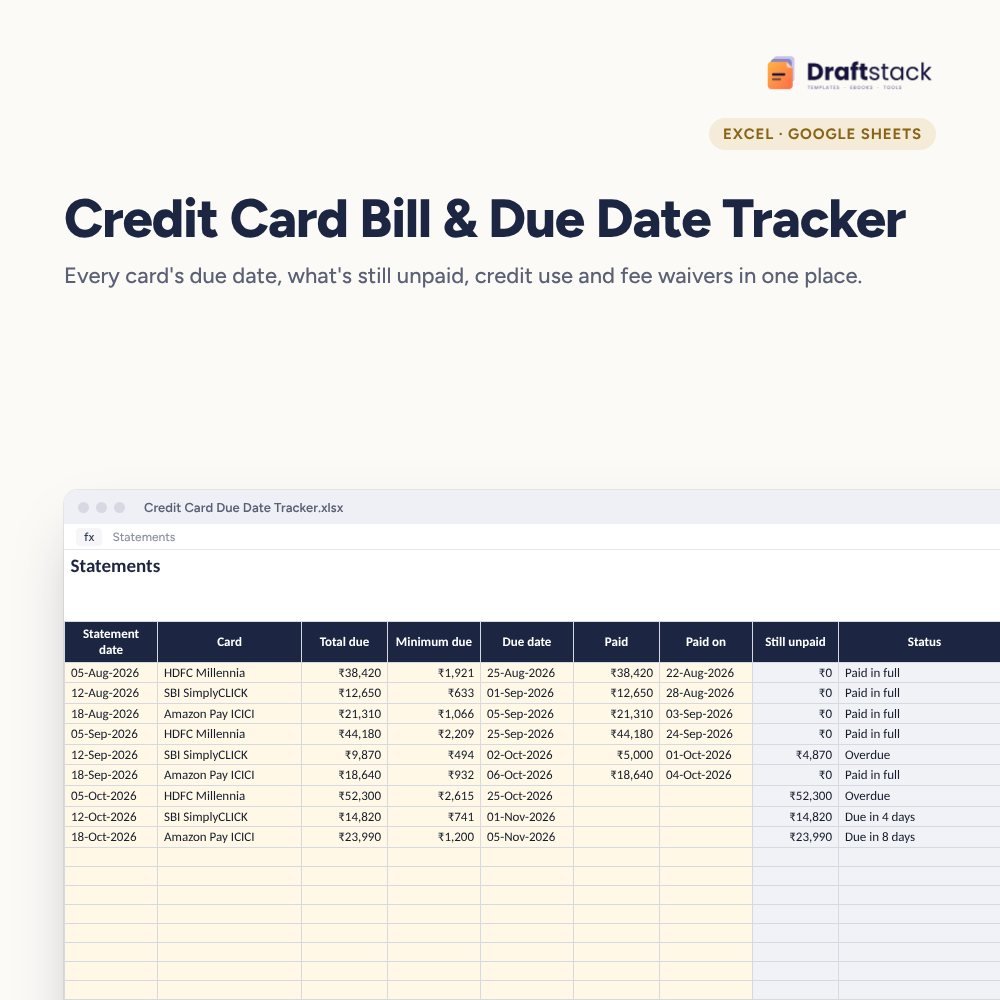 Credit Card Bill & Due Date Tracker (Excel) – Excel template preview