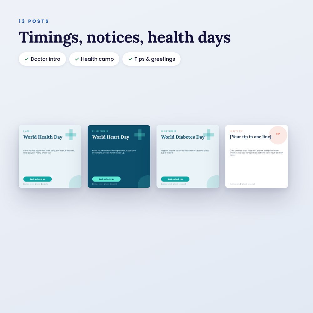 Clinic & Doctor Social Media Pack (Canva): 13 Posts for Timings, Notices & Health Days – preview 2