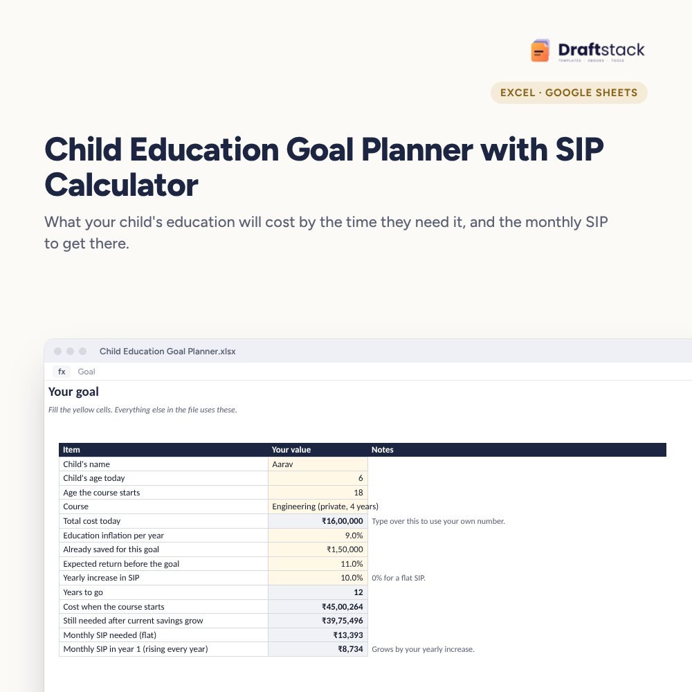 Child Education Goal Planner with SIP Calculator (Excel) – Excel template preview