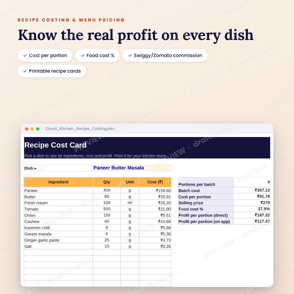 Cloud Kitchen Recipe Costing & Menu Pricing (Excel) – preview 2