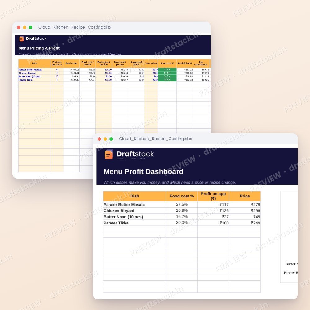Cloud Kitchen Recipe Costing & Menu Pricing (Excel) – preview 3
