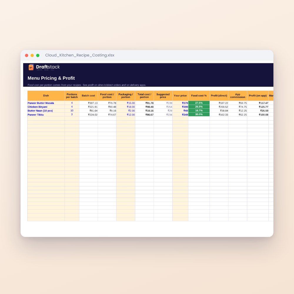 Cloud Kitchen Recipe Costing & Menu Pricing (Excel) – Excel template preview
