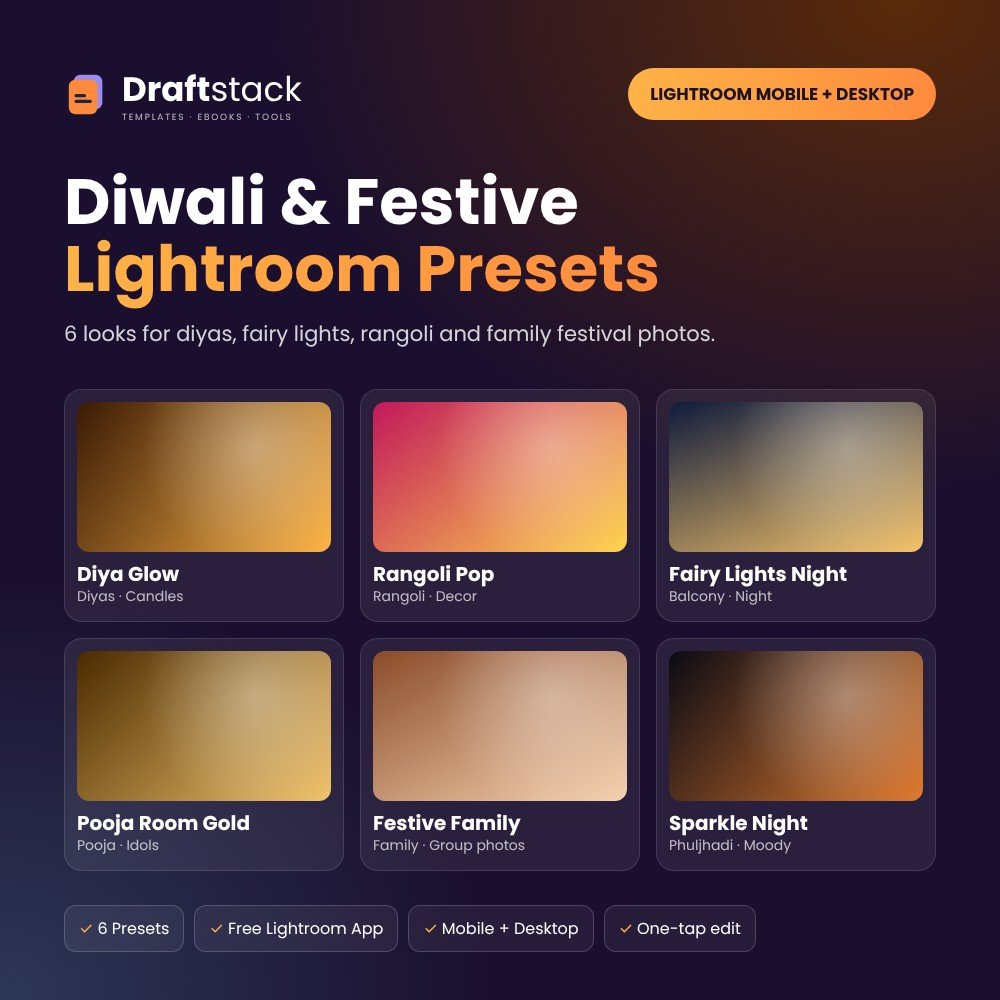 Diwali & Festive Lightroom Presets: Diyas, Fairy Lights & Rangoli (6 Presets) – Lightroom presets preview
