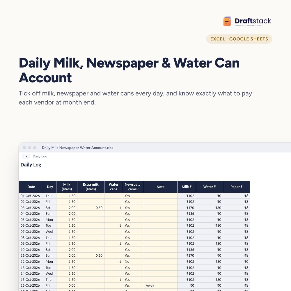 Daily Milk, Newspaper & Water Can Account (Excel) – Excel template preview