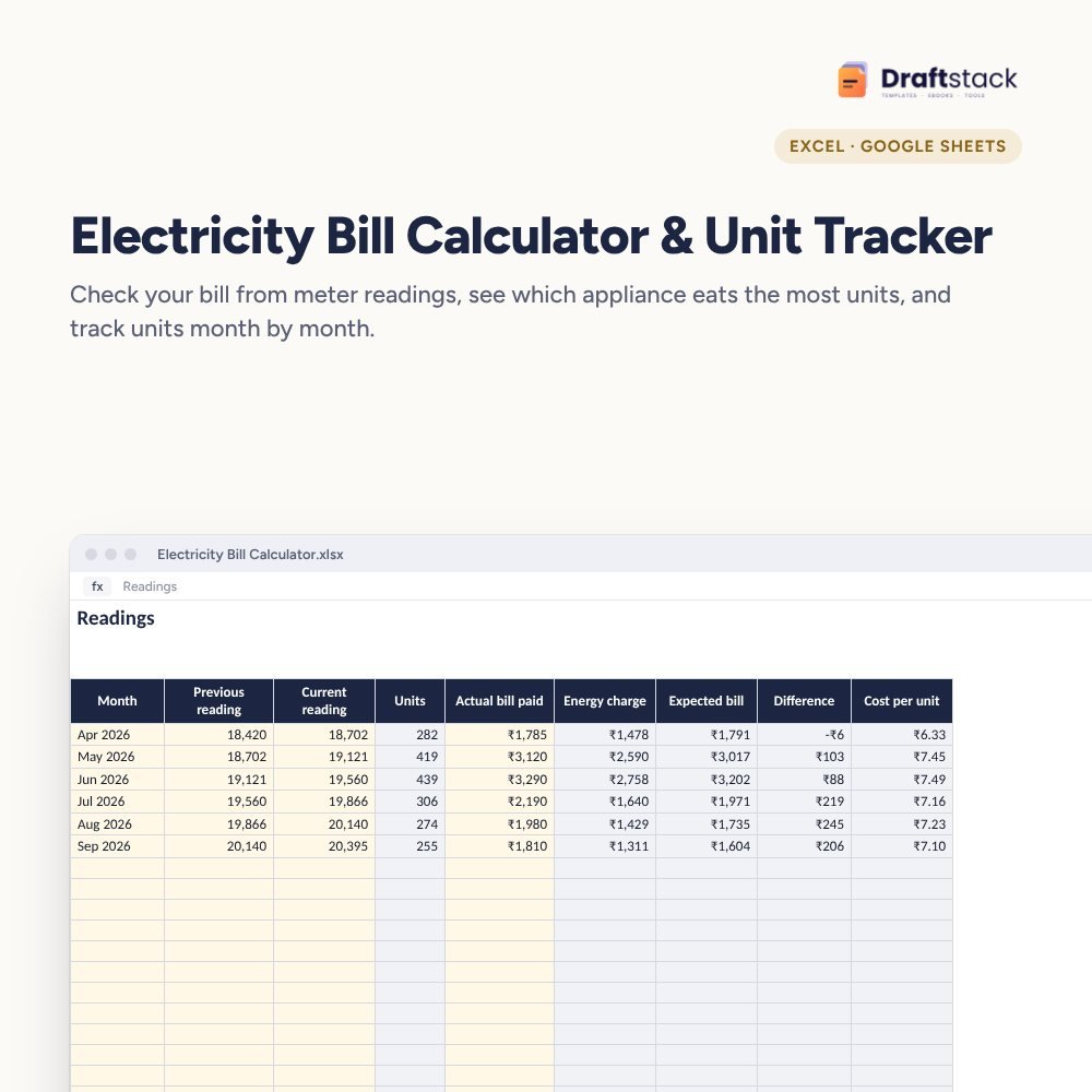 Electricity Bill Calculator & Unit Tracker (Excel) – Excel template preview