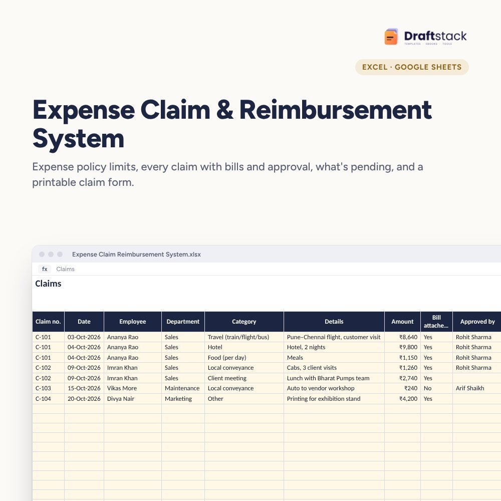 Expense Claim & Reimbursement System (Excel) – Excel template preview