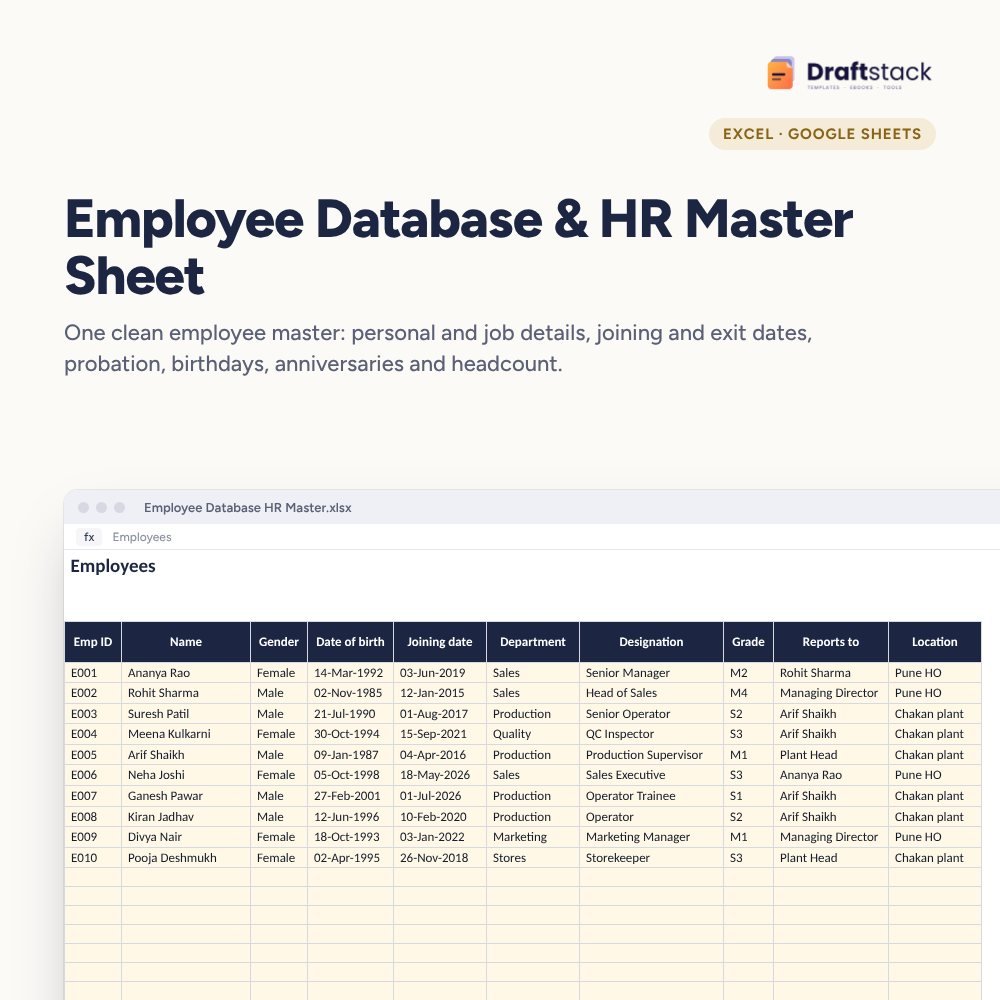 Employee Database & HR Master Sheet (Excel) – Excel template preview