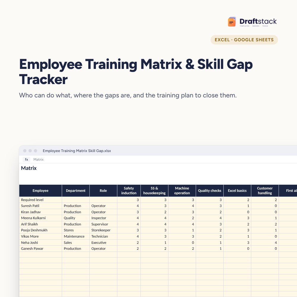 Employee Training Matrix & Skill Gap Tracker (Excel) – Excel template preview