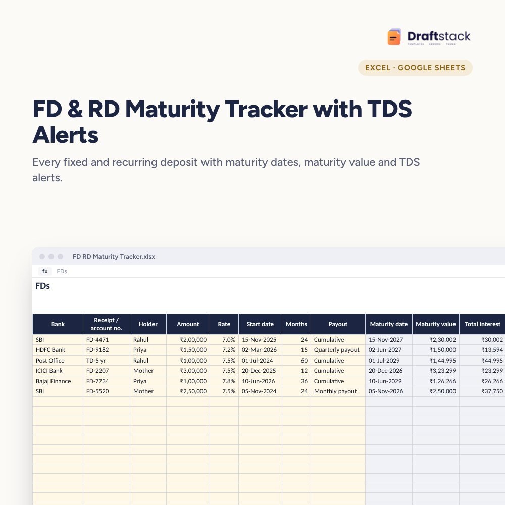 FD & RD Maturity Tracker with TDS Alerts (Excel) – Excel template preview