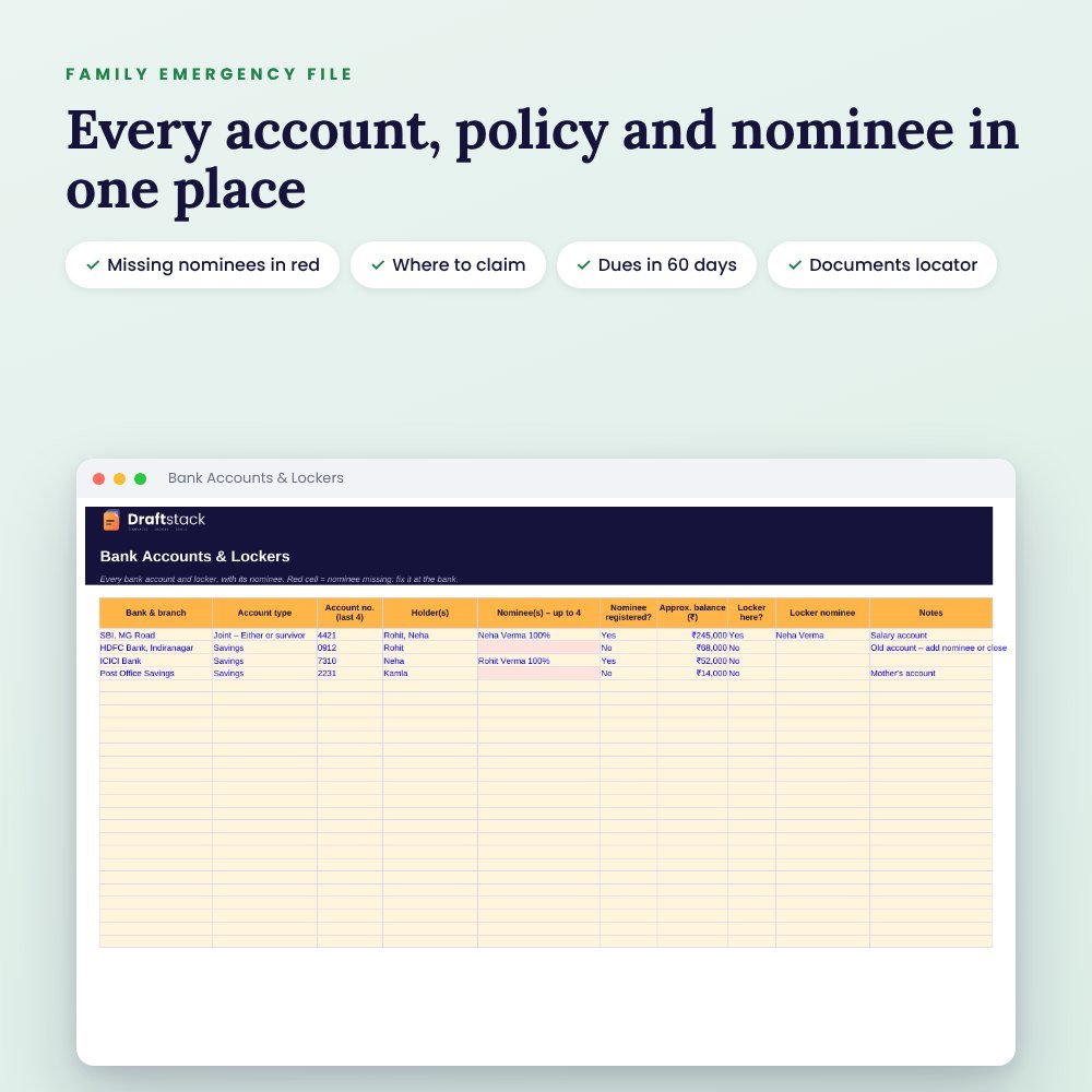 Family Emergency & Nominee Organizer (Excel + Claim Guide) – preview 2