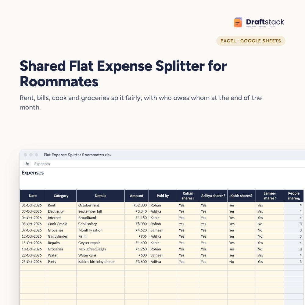 Shared Flat Expense Splitter for Roommates (Excel) – Excel template preview