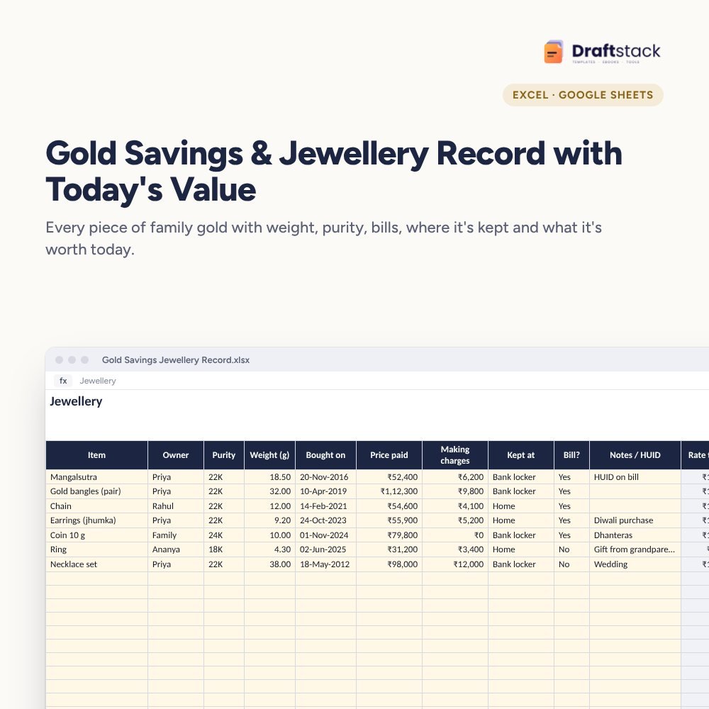 Gold Savings & Jewellery Record with Today's Value (Excel) – Excel template preview