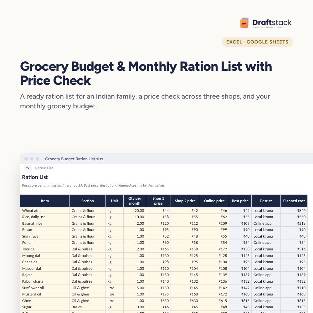 Grocery Budget & Monthly Ration List with Price Check (Excel) – Excel template preview