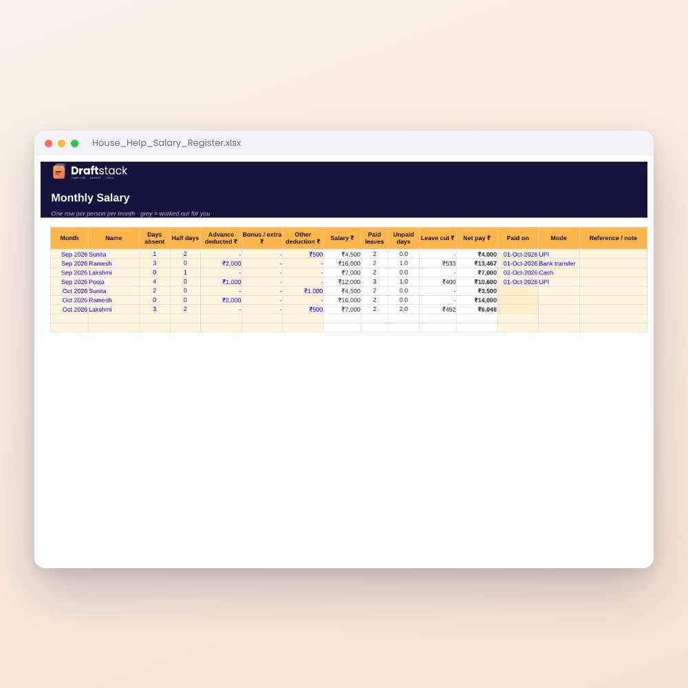 House Help Salary & Attendance Register (Excel): Maid, Cook, Driver, Nanny – Excel template preview