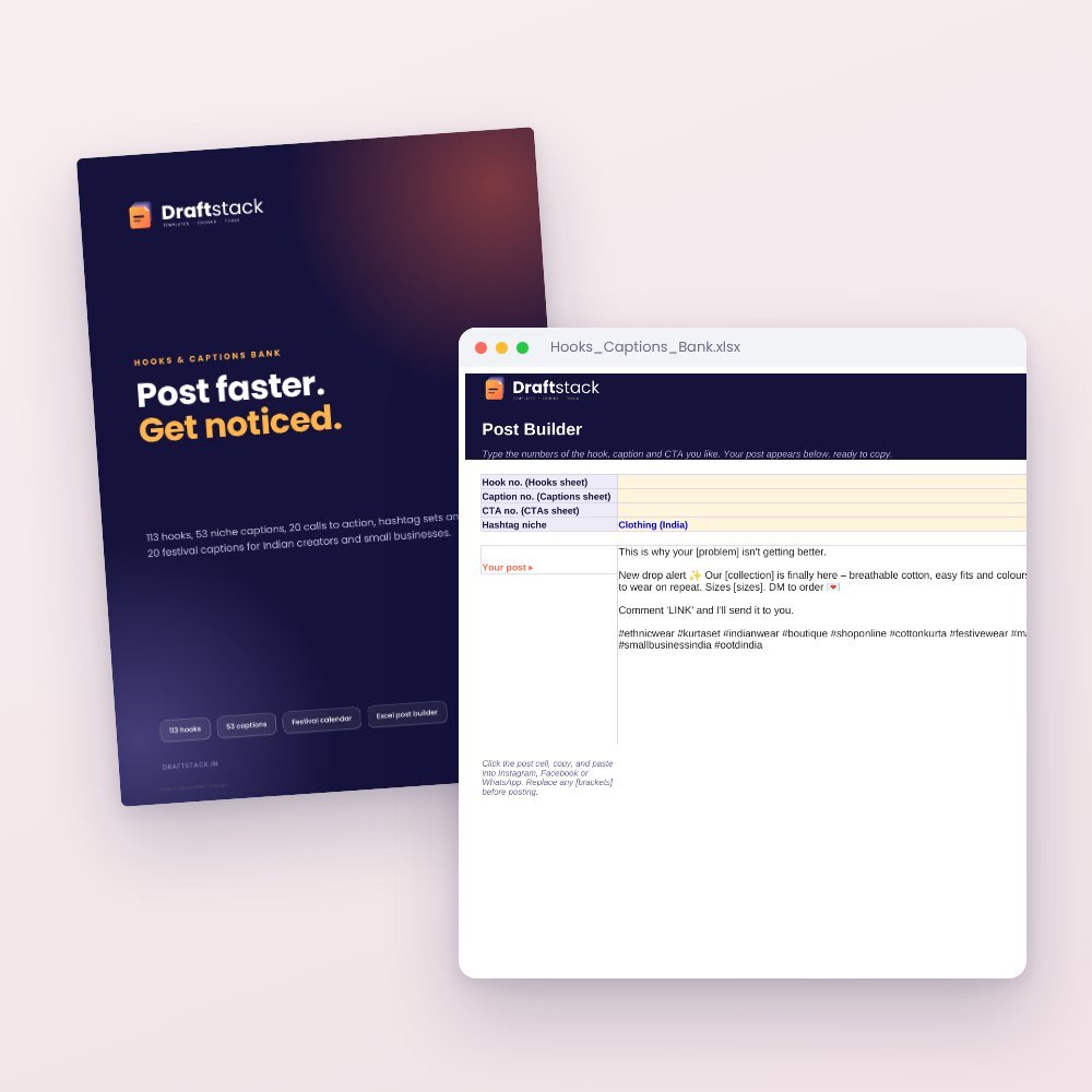Hooks & Captions Bank for Instagram and Reels (Excel + PDF) – digital download preview