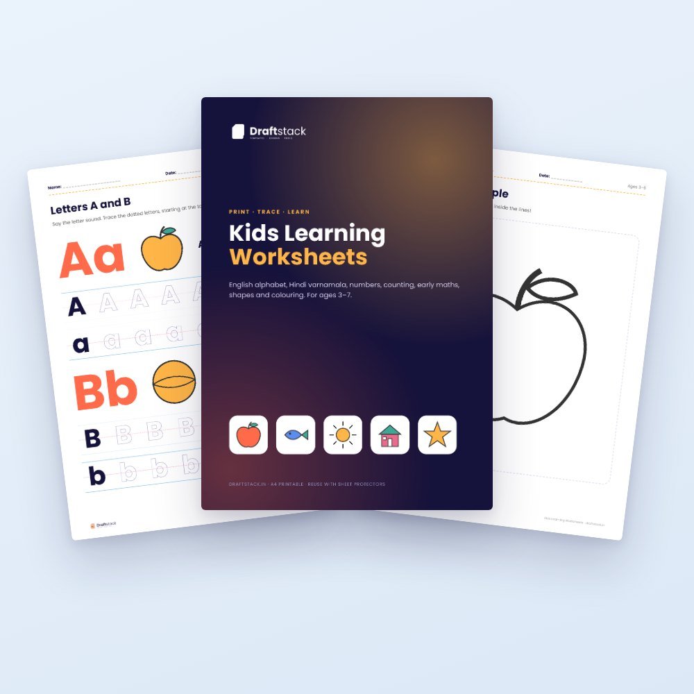 Kids Learning Worksheets: English, Hindi, Numbers & Colouring (48 Pages) – printable PDF preview