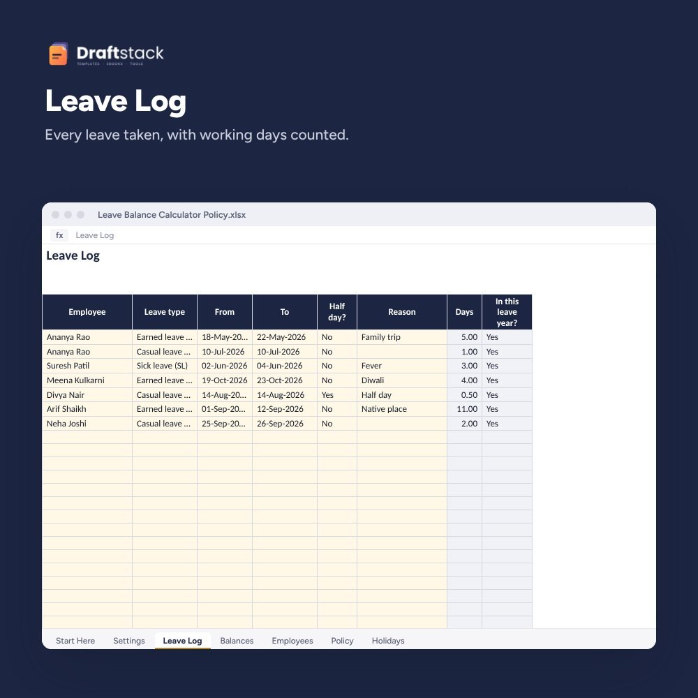 Leave Policy & Leave Balance Calculator (Excel) – preview 2