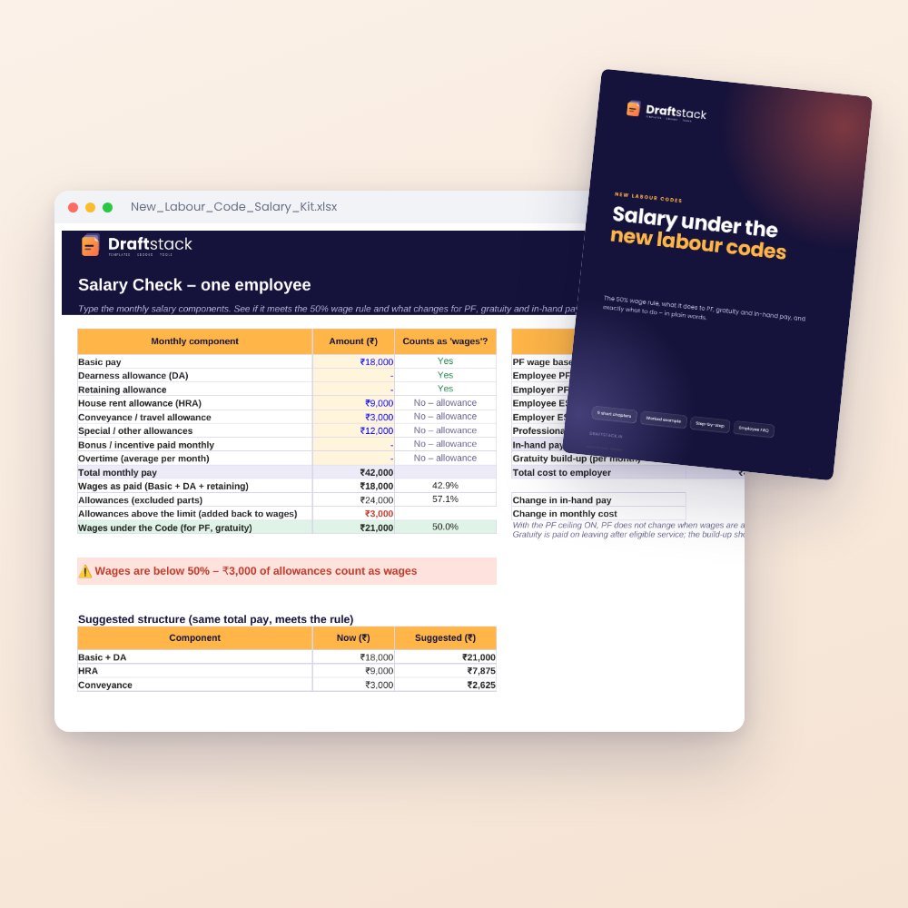 New Labour Code Salary Kit: 50% Wage Rule, PF & Gratuity (Excel) – Excel template preview