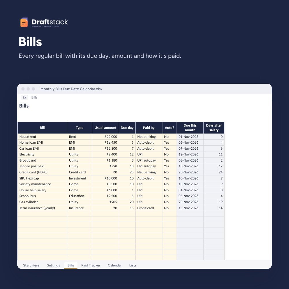 Monthly Bills Due Date Calendar & Paid Tracker (Excel) – preview 2