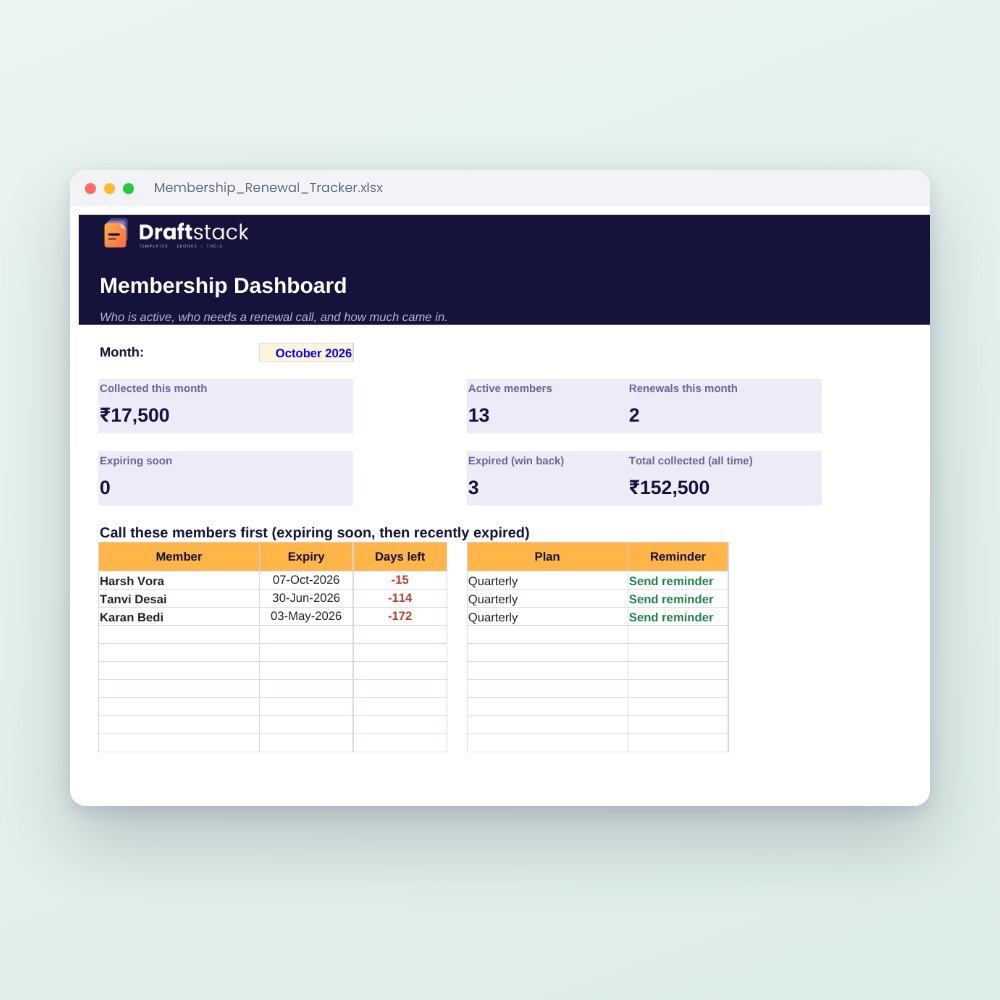 Gym, Salon & Clinic Membership Renewal Tracker (Excel) – Excel template preview