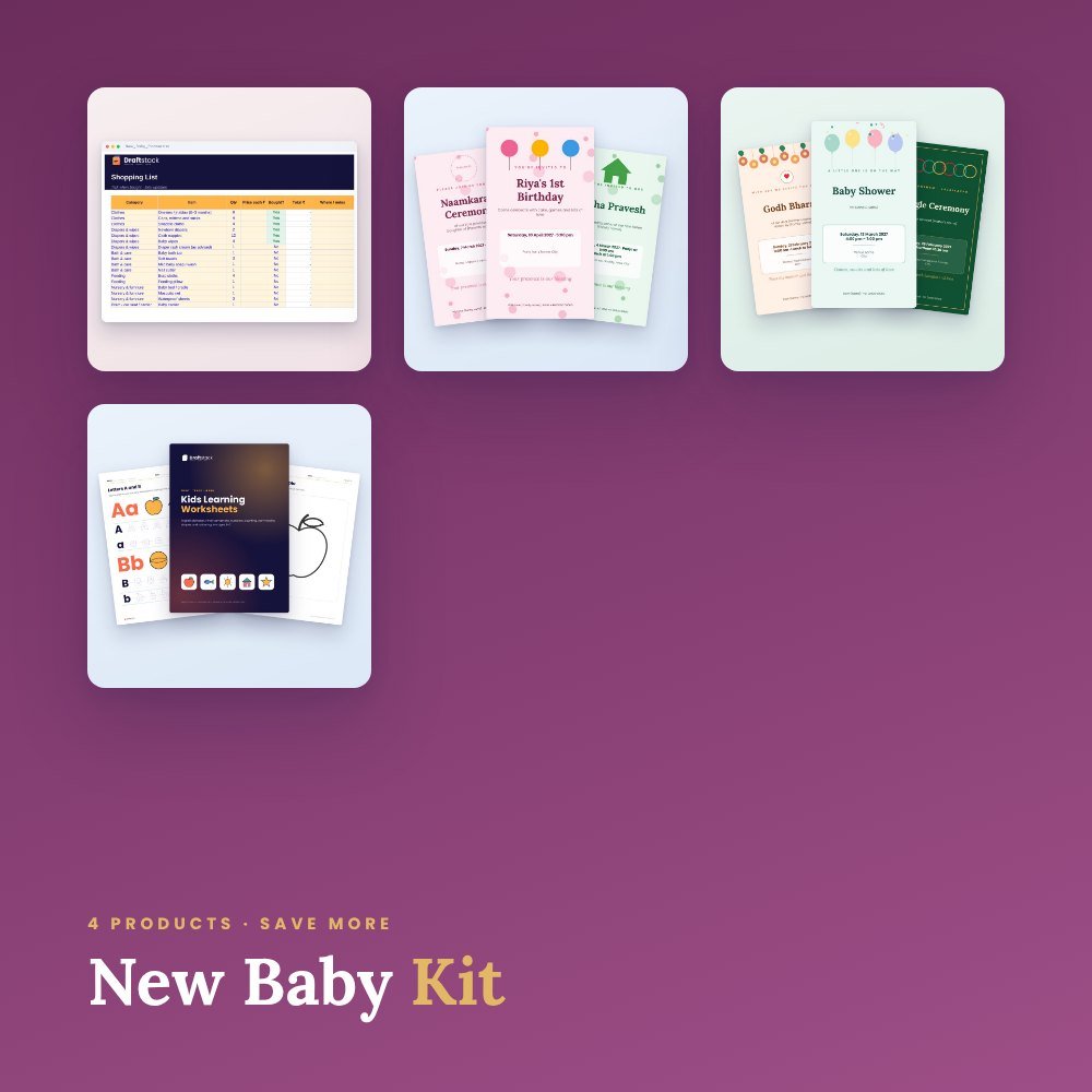 New Baby Kit: Planner, Naamkaran & Baby Shower Invites, Kids Worksheets – bundle preview