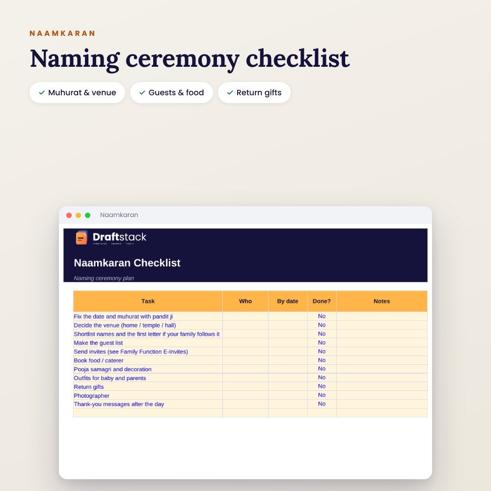 New Baby Planner (Excel): Budget, Shopping List, Naamkaran, Gifts & Milestones – preview 3