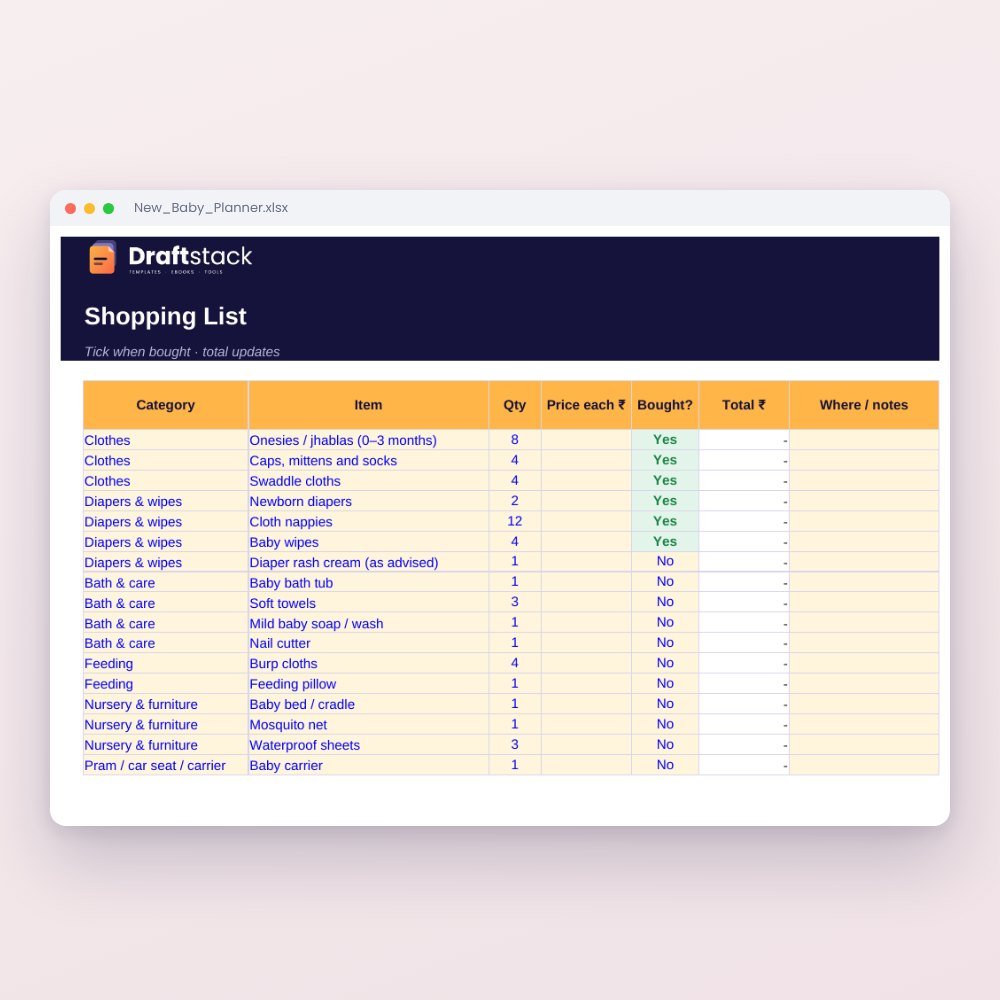 New Baby Planner (Excel): Budget, Shopping List, Naamkaran, Gifts & Milestones – Excel template preview