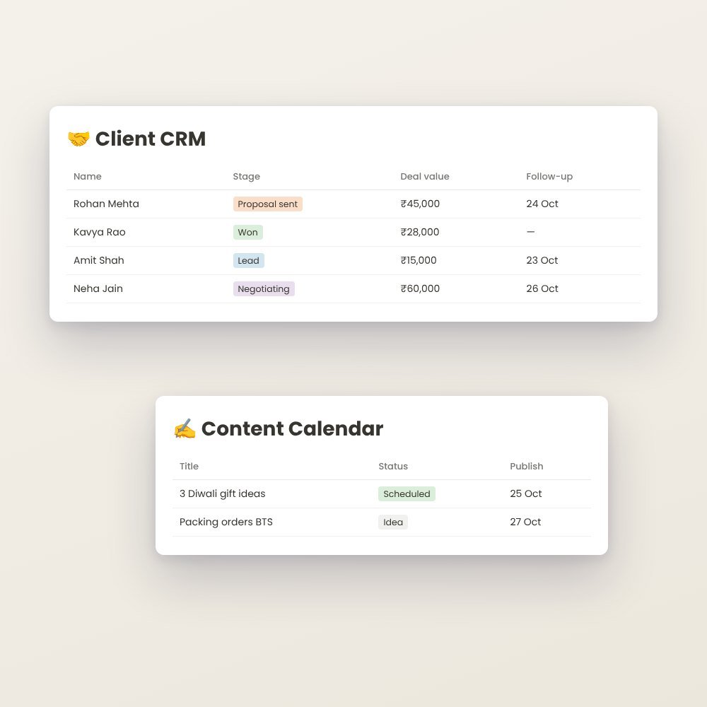 Notion Templates Pack: CRM, Content Calendar, Expenses, Study & More – template preview