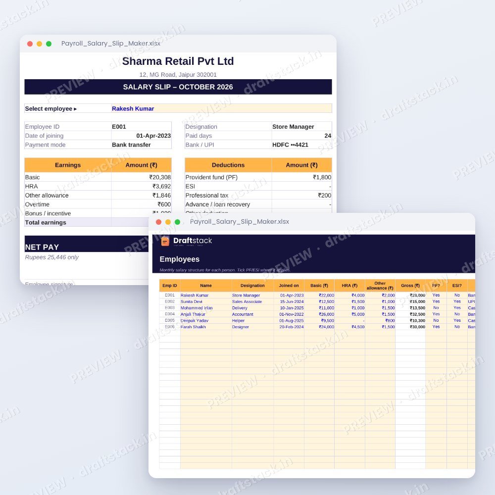 Payroll & Salary Slip Maker (Excel) with PF, ESI & PT – preview 3