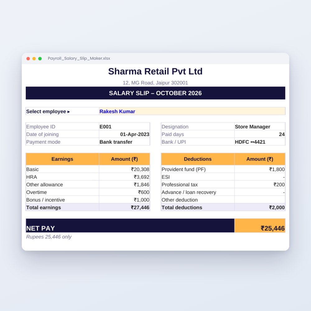 Payroll & Salary Slip Maker (Excel) with PF, ESI & PT – Excel template preview