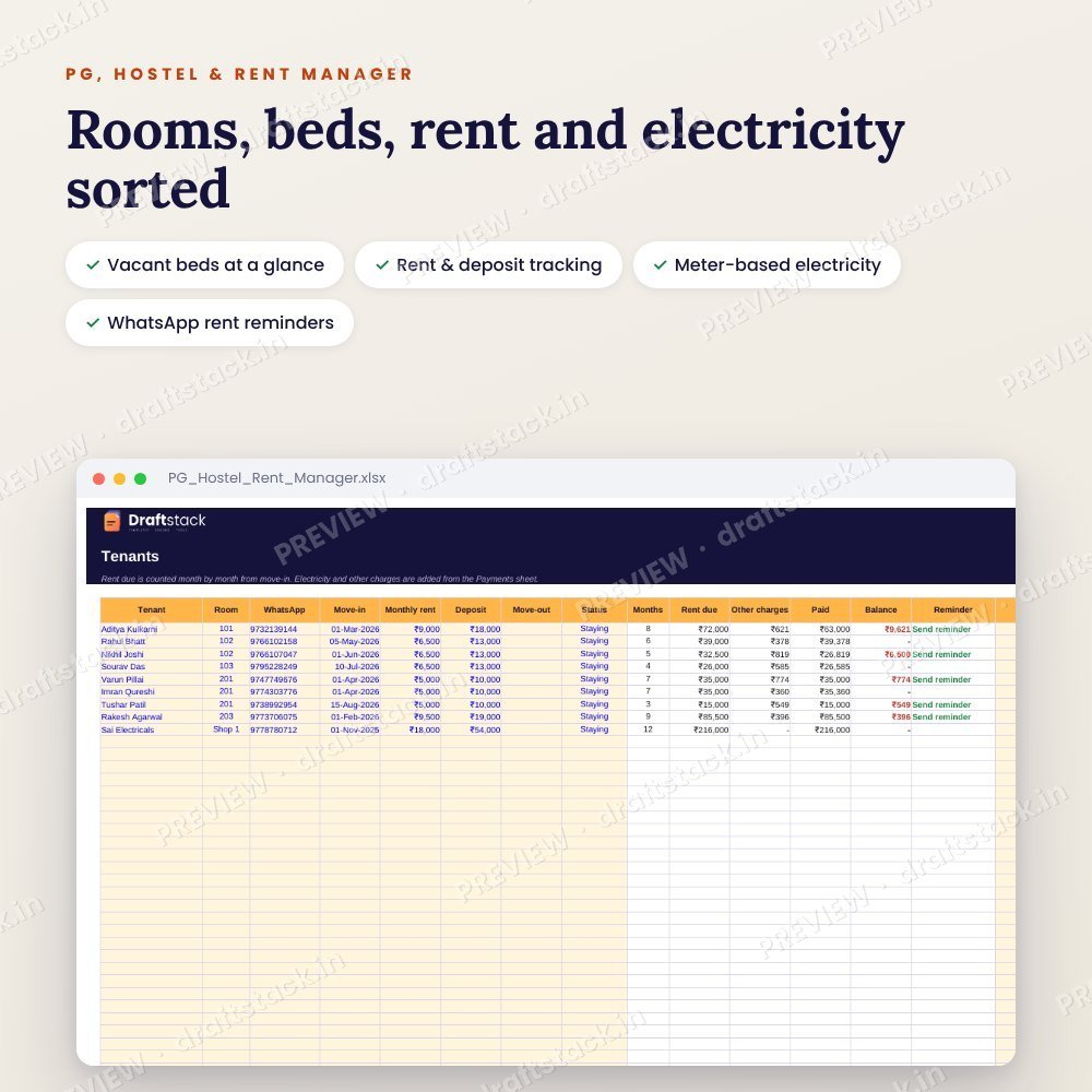 PG, Hostel & Rental Property Manager (Excel) – preview 2