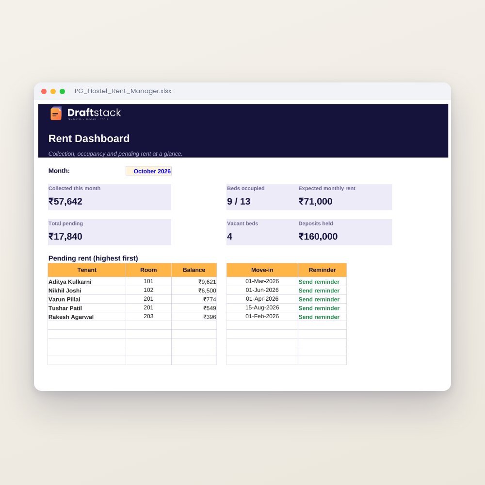 PG, Hostel & Rental Property Manager (Excel) – Excel template preview