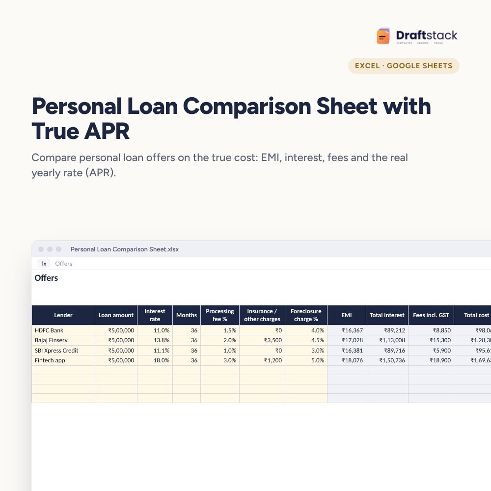 Personal Loan Comparison Sheet with True APR (Excel) – Excel template preview