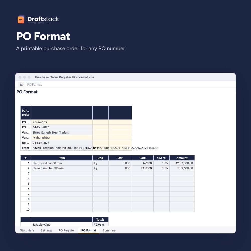 Purchase Order Register & PO Format with GST (Excel) – preview 2