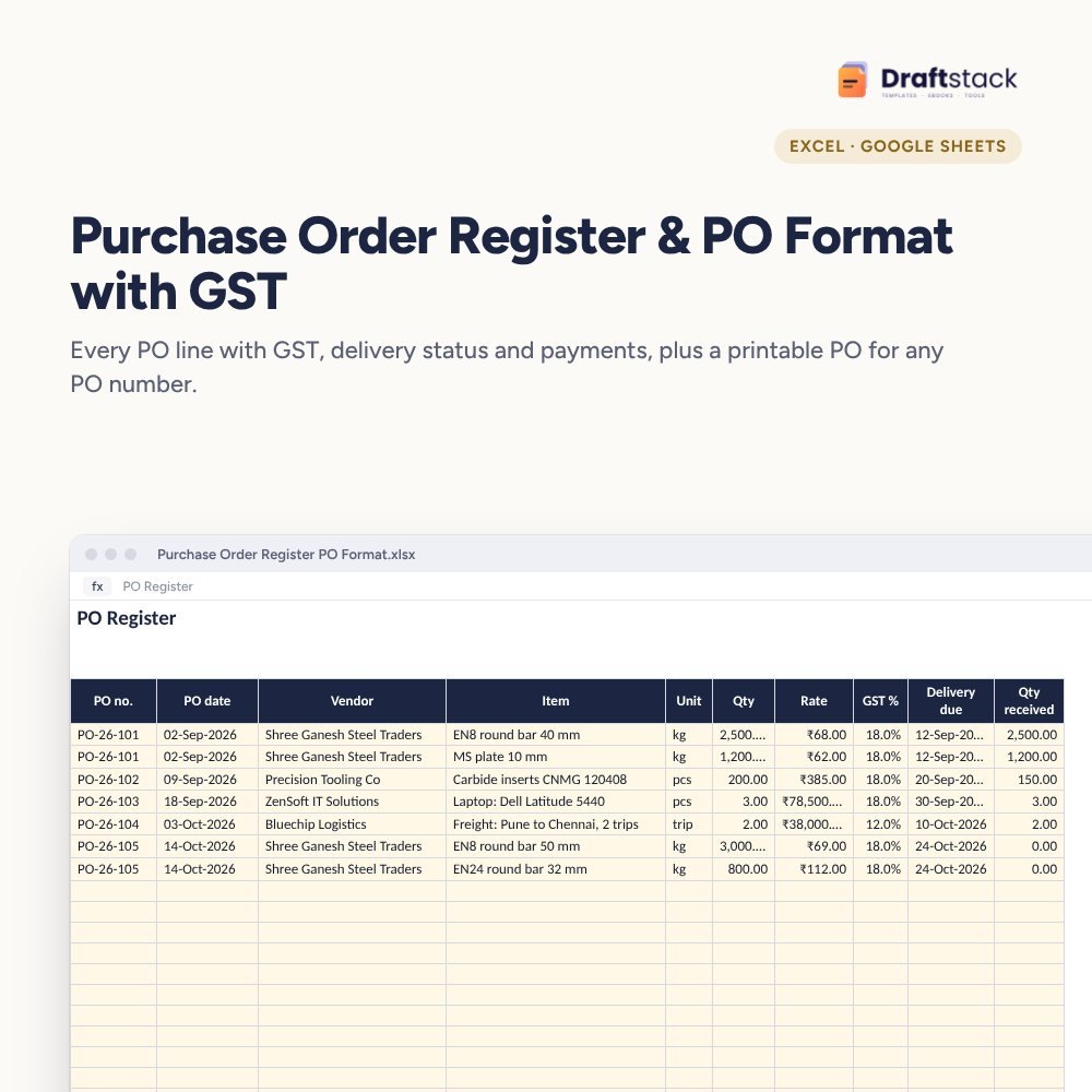 Purchase Order Register & PO Format with GST (Excel) – Excel template preview