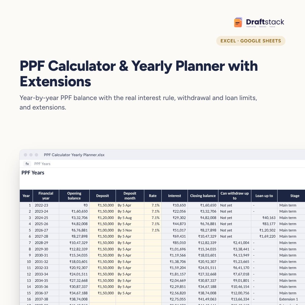 PPF Calculator & Yearly Planner with Extensions (Excel) – Excel template preview