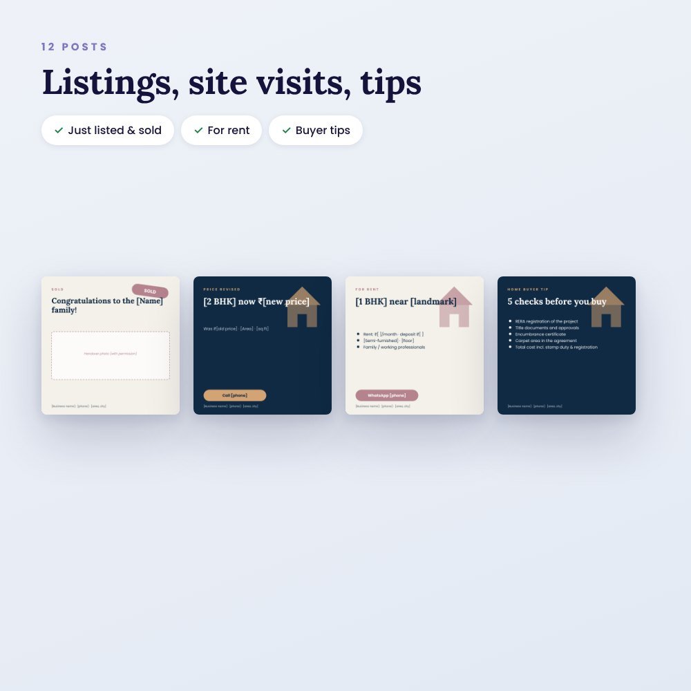 Real Estate Social Media Pack (Canva): 12 Posts for Listings, Site Visits & Tips – preview 2