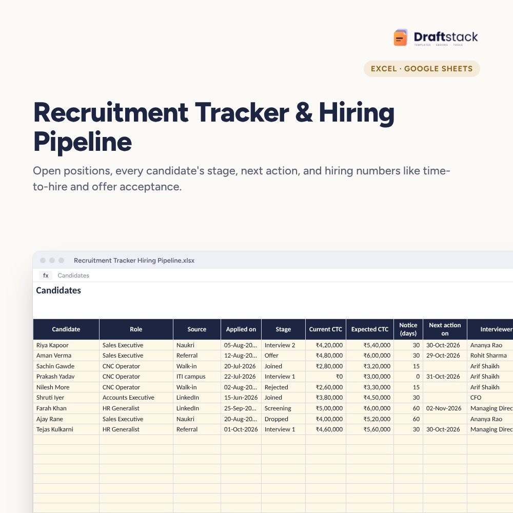 Recruitment Tracker & Hiring Pipeline (Excel) – Excel template preview