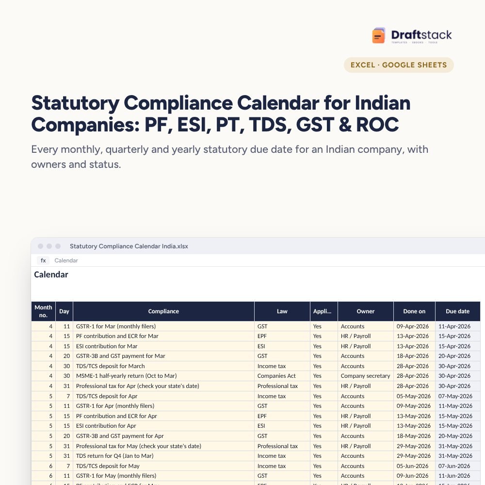 Statutory Compliance Calendar for Indian Companies: PF, ESI, PT, TDS, GST & ROC (Excel) – Excel template preview