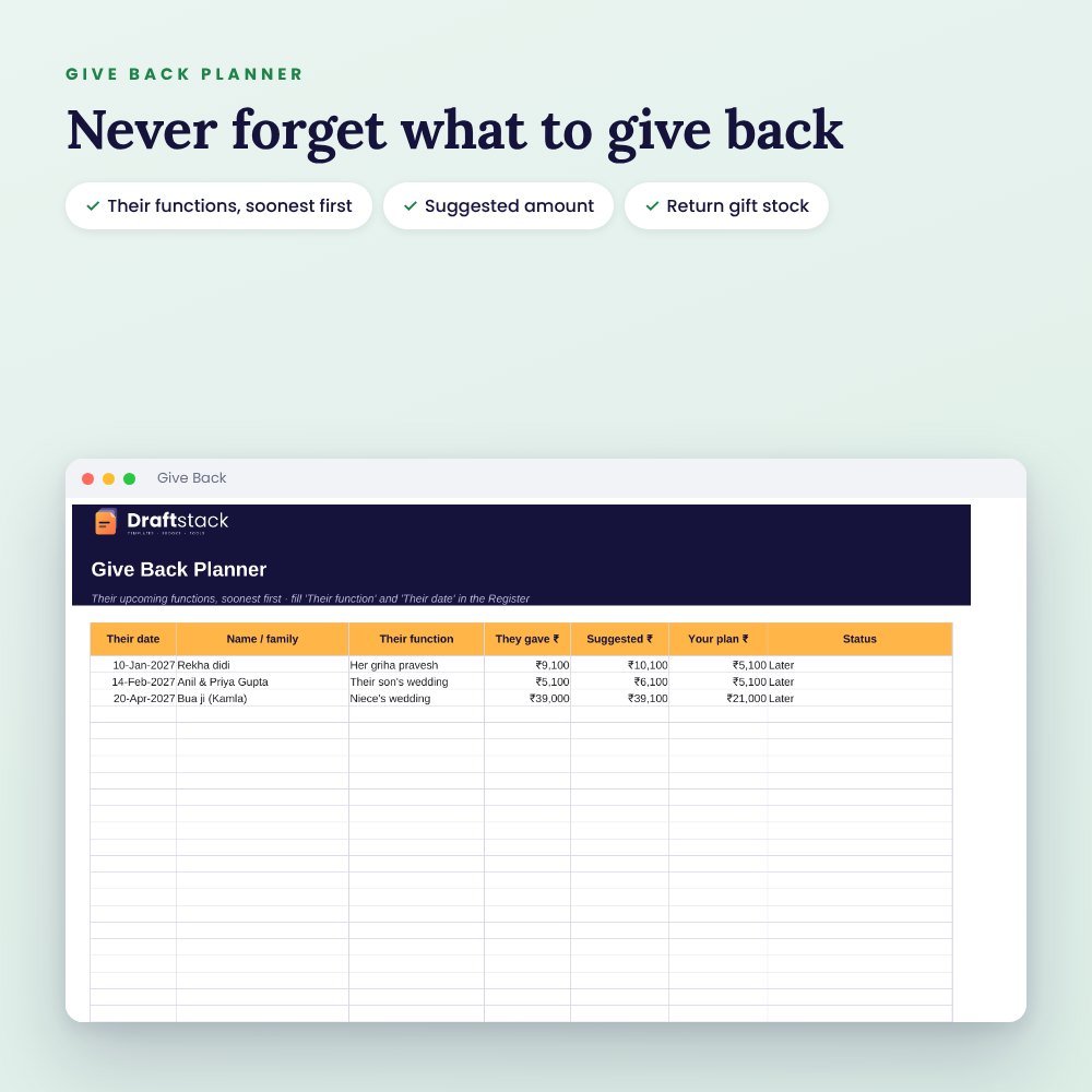 Shagun & Gift Register (Excel): Who Gave What + Give-Back Planner – preview 3