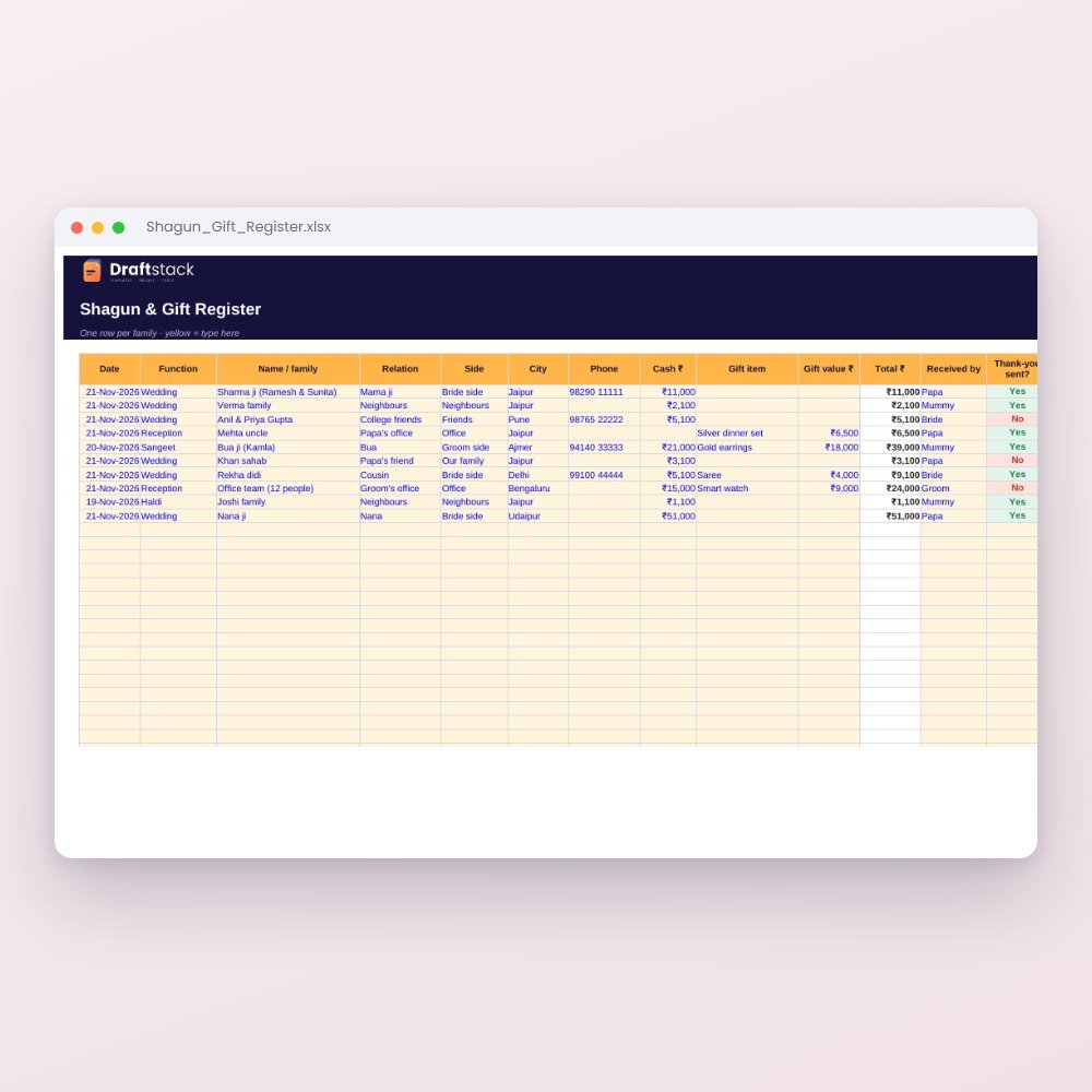 Shagun & Gift Register (Excel): Who Gave What + Give-Back Planner – Excel template preview