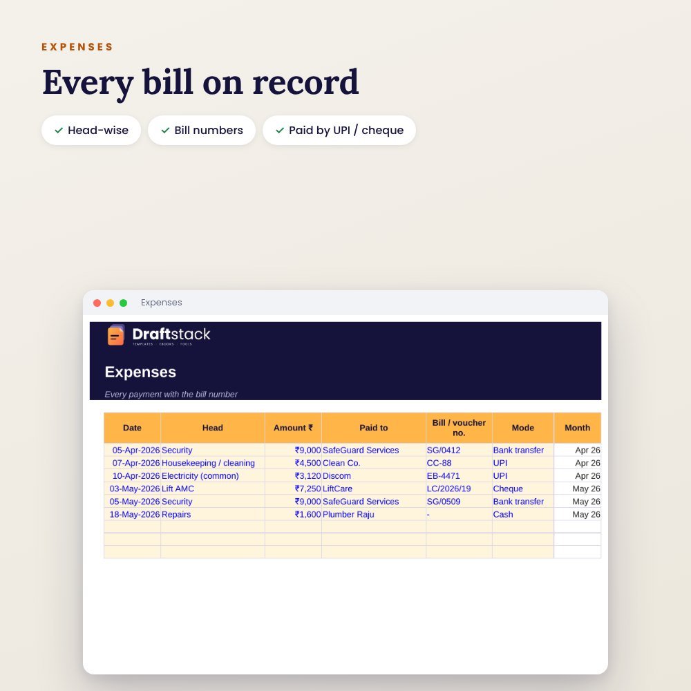 Society Maintenance Register (Excel): Collection, Dues, Expenses & Receipts – preview 3