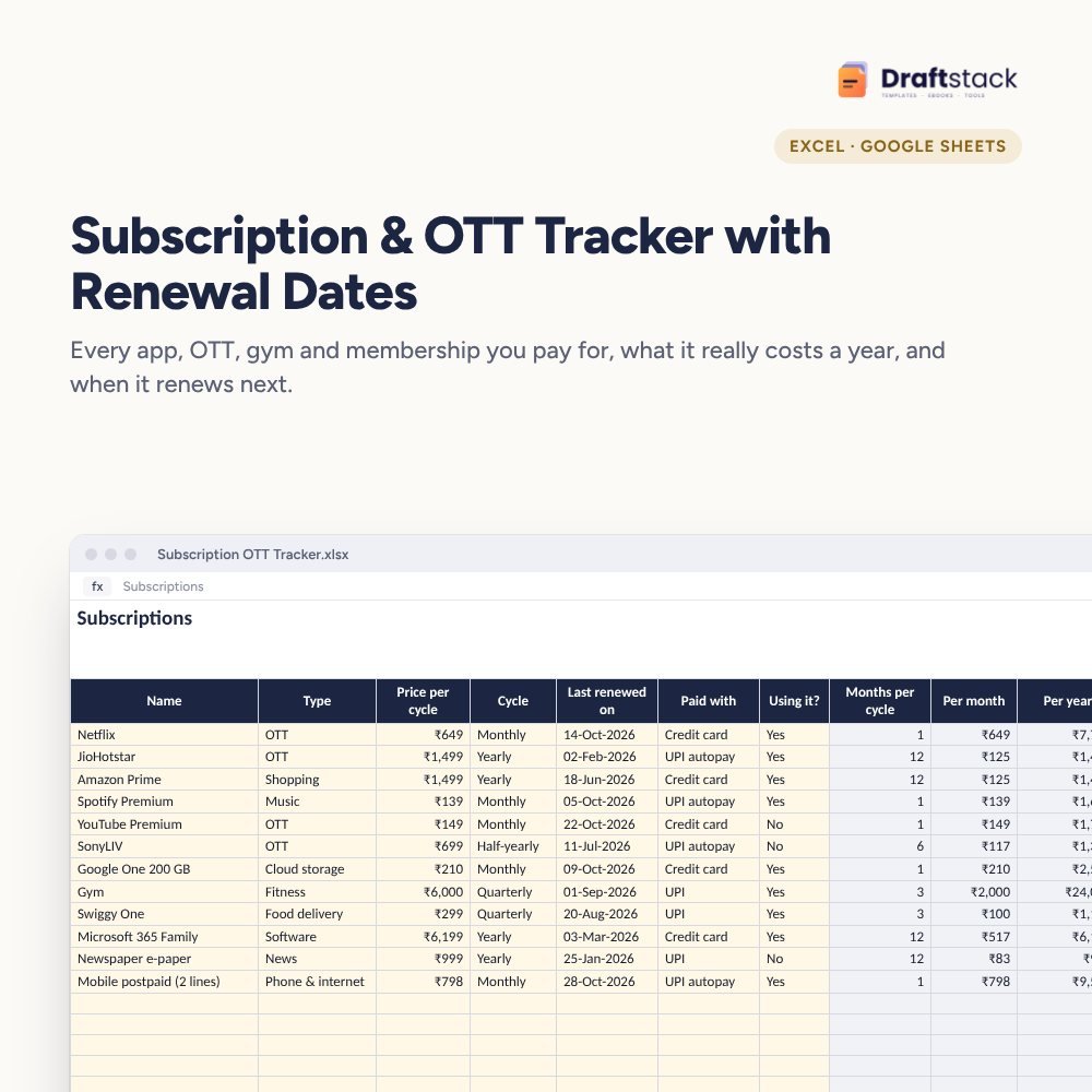 Subscription & OTT Tracker with Renewal Dates (Excel) – Excel template preview