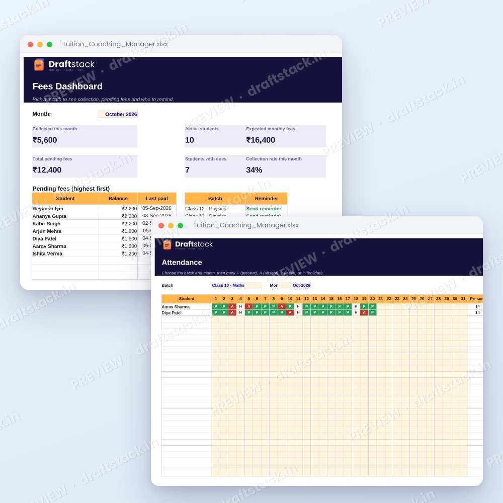 Tuition & Coaching Fee Manager (Excel) – preview 3