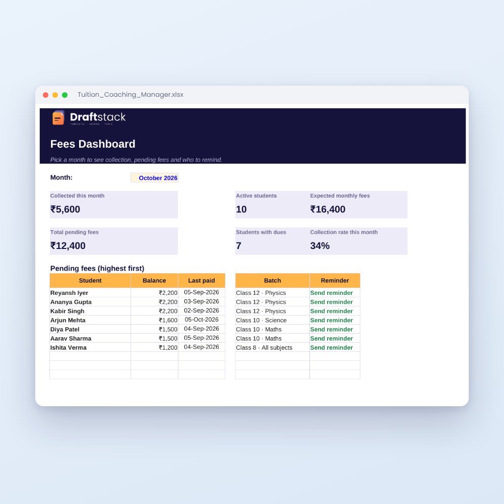 Tuition & Coaching Fee Manager (Excel) – Excel template preview