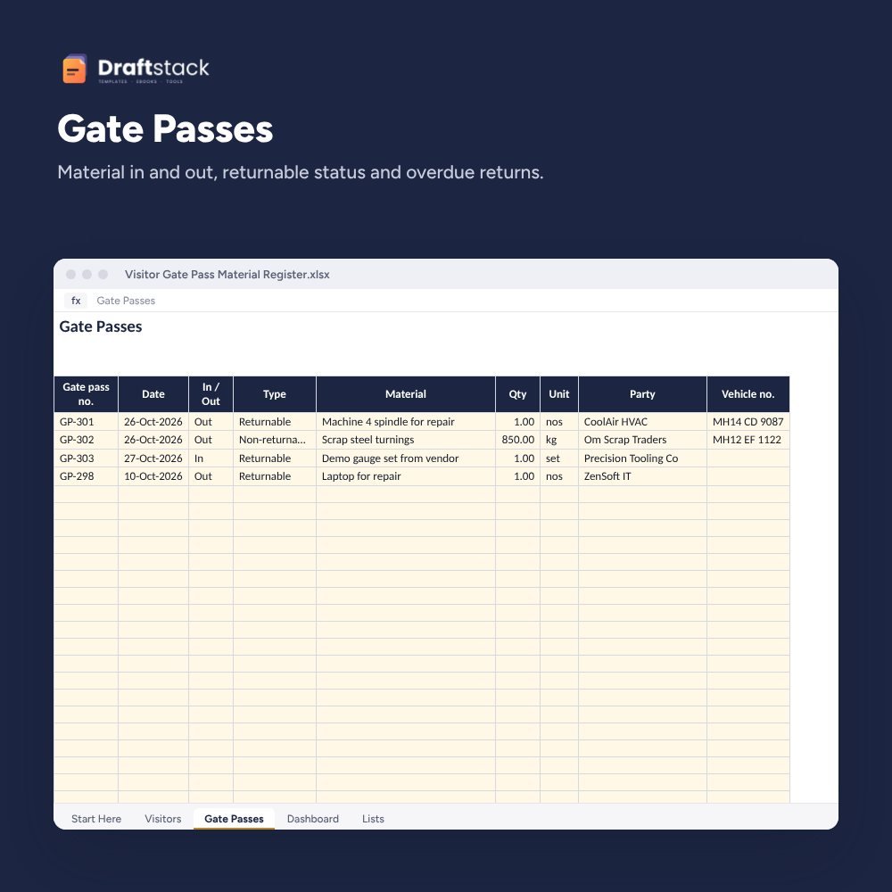 Visitor, Gate Pass & Material Movement Register (Excel) – preview 2