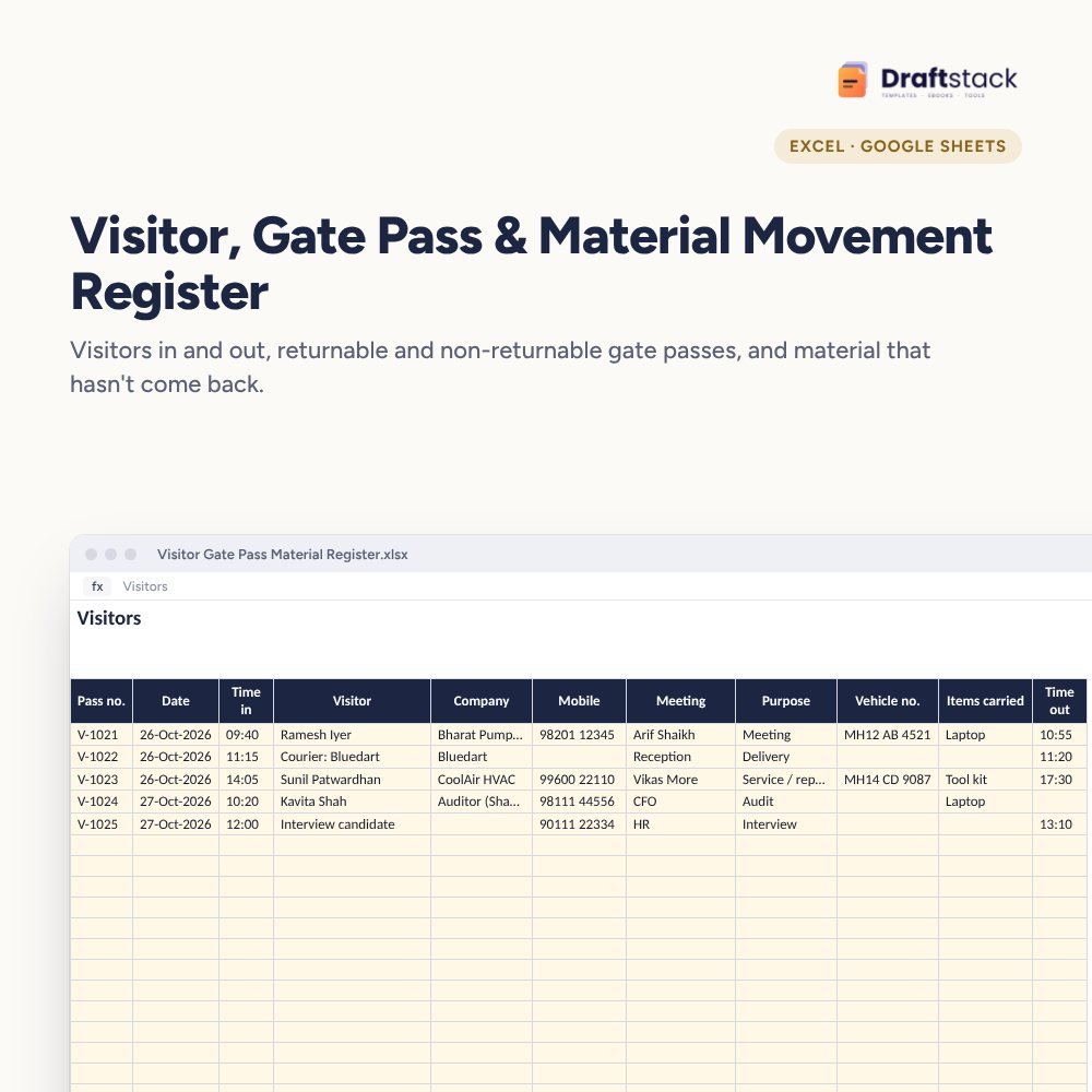 Visitor, Gate Pass & Material Movement Register (Excel) – Excel template preview