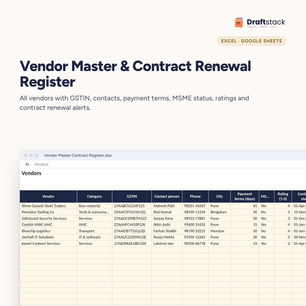 Vendor Master & Contract Renewal Register (Excel) – Excel template preview