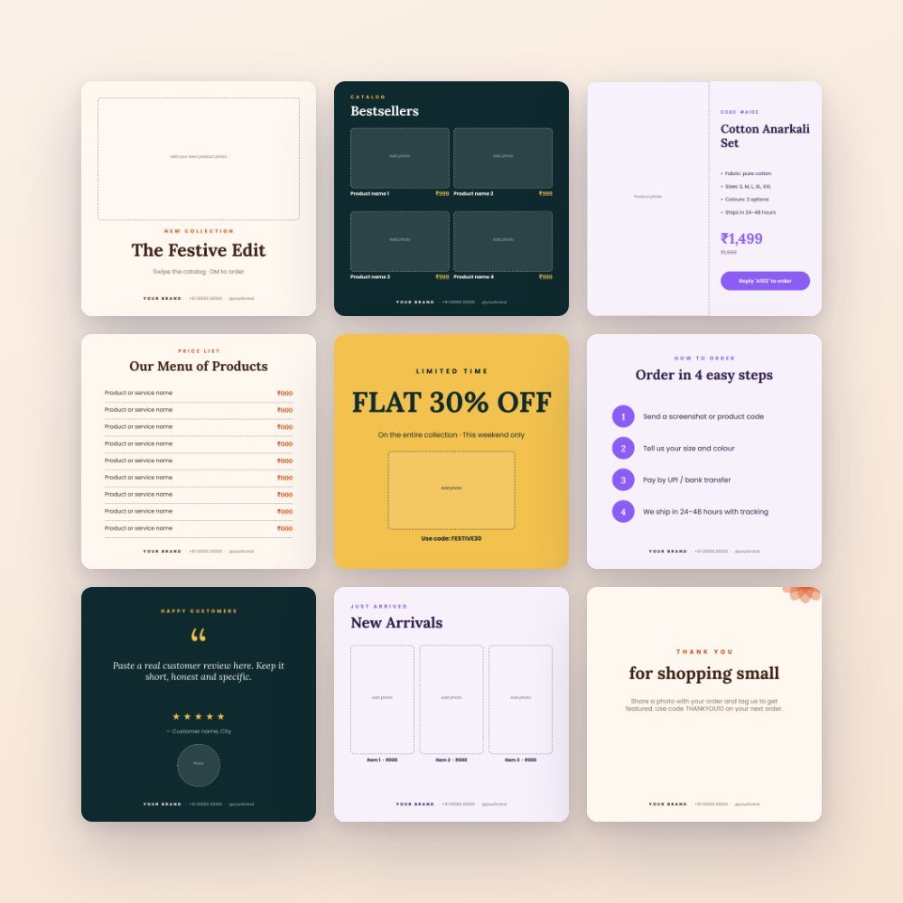 WhatsApp Business Catalog & Price List Kit (22 Canva Designs) – Canva template preview