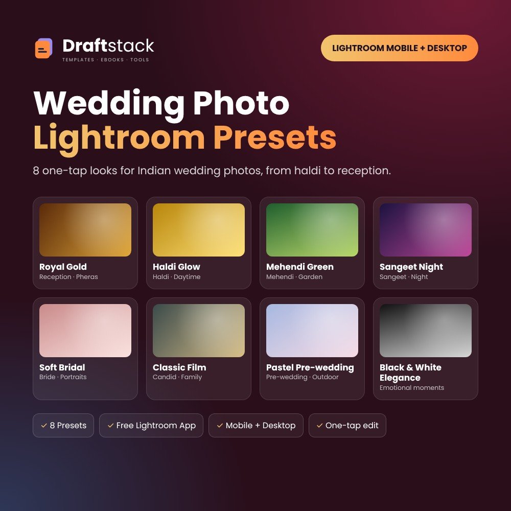Wedding Photo Lightroom Presets: Haldi, Mehendi, Sangeet & Reception (8 Presets) – Lightroom presets preview